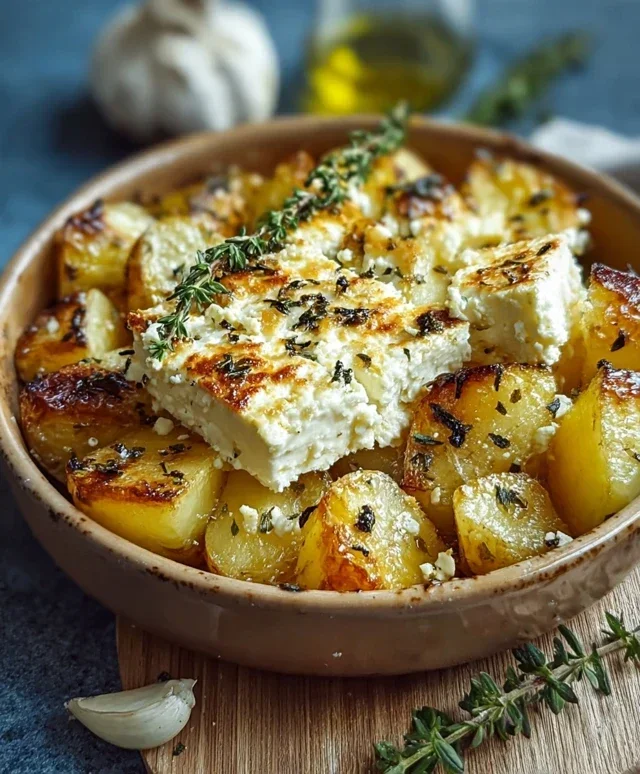 Geröstete Kartoffeln mit gebackenem Feta und Knoblauch genießen!