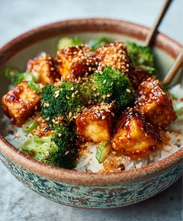 Tofu po koreańsku z ryżem i brokułami