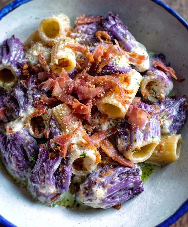Mezze maniche con cavolo cappuccio viola, crema di pecorino e speck croccante