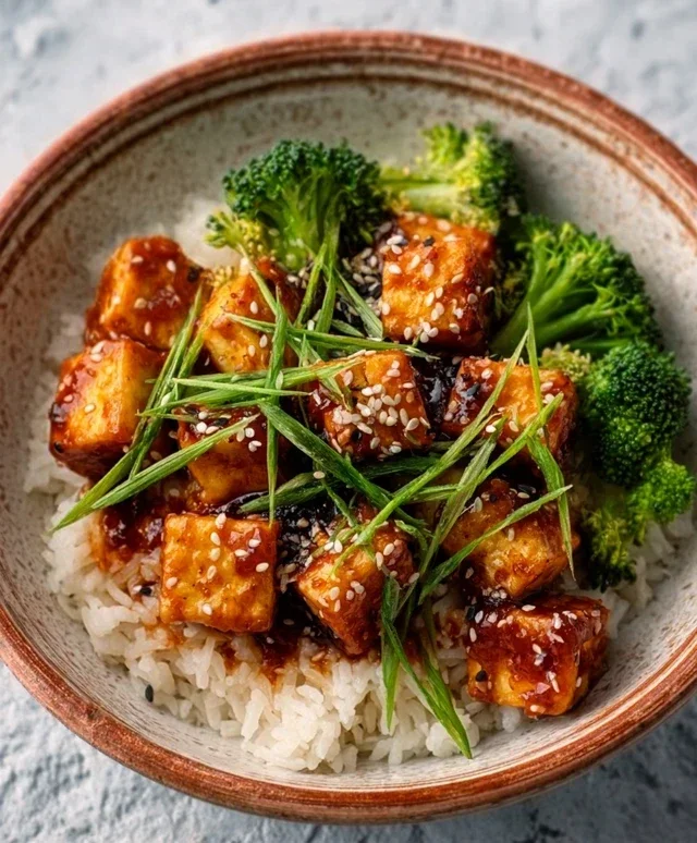 Tofu po koreańsku z ryżem i brokułami
