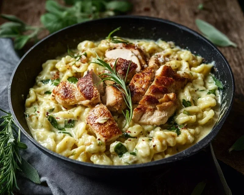 Spaetzle Pfanne Mit Haehnchen In Baerlauchrahm