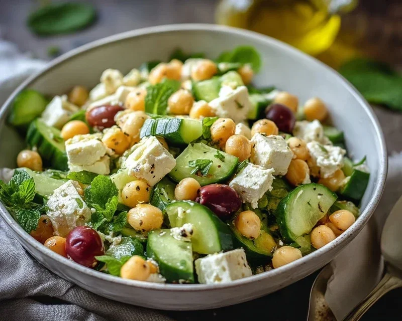 Gurkensalat mit Feta und Kichererbsen einfach zubereiten. - RezeptBrise