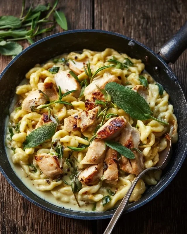 Spaetzle Pfanne Mit Haehnchen In Baerlauchrahm