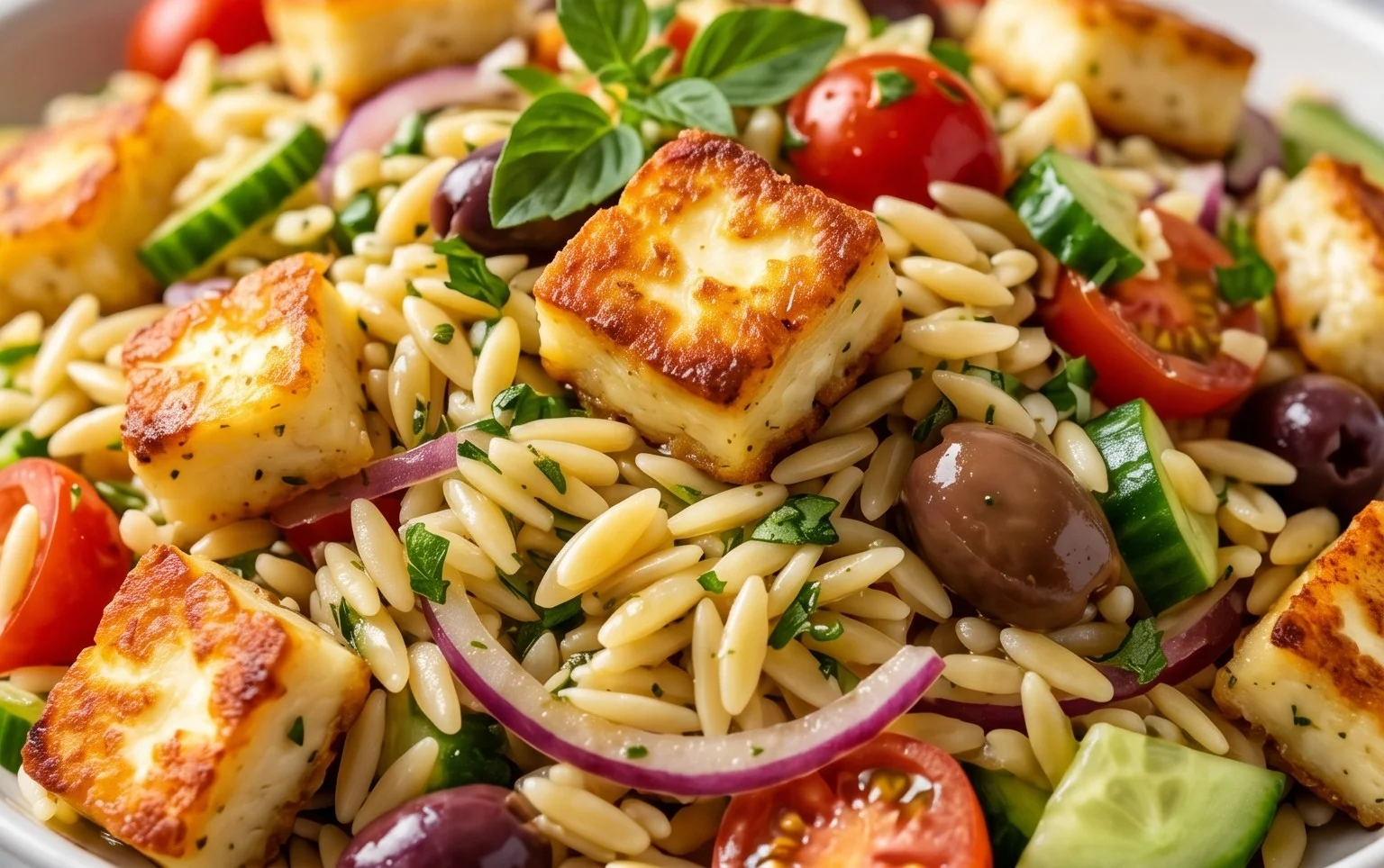 Kritharaki-Salat mit Halloumi-Croutons