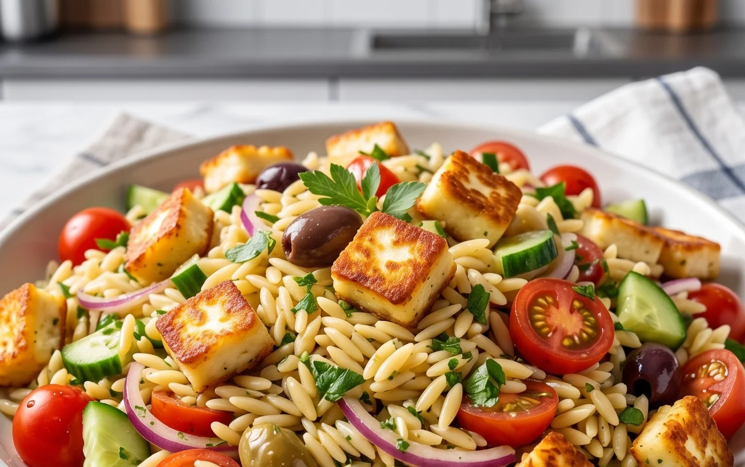Kritharaki-Salat mit Halloumi-Croutons