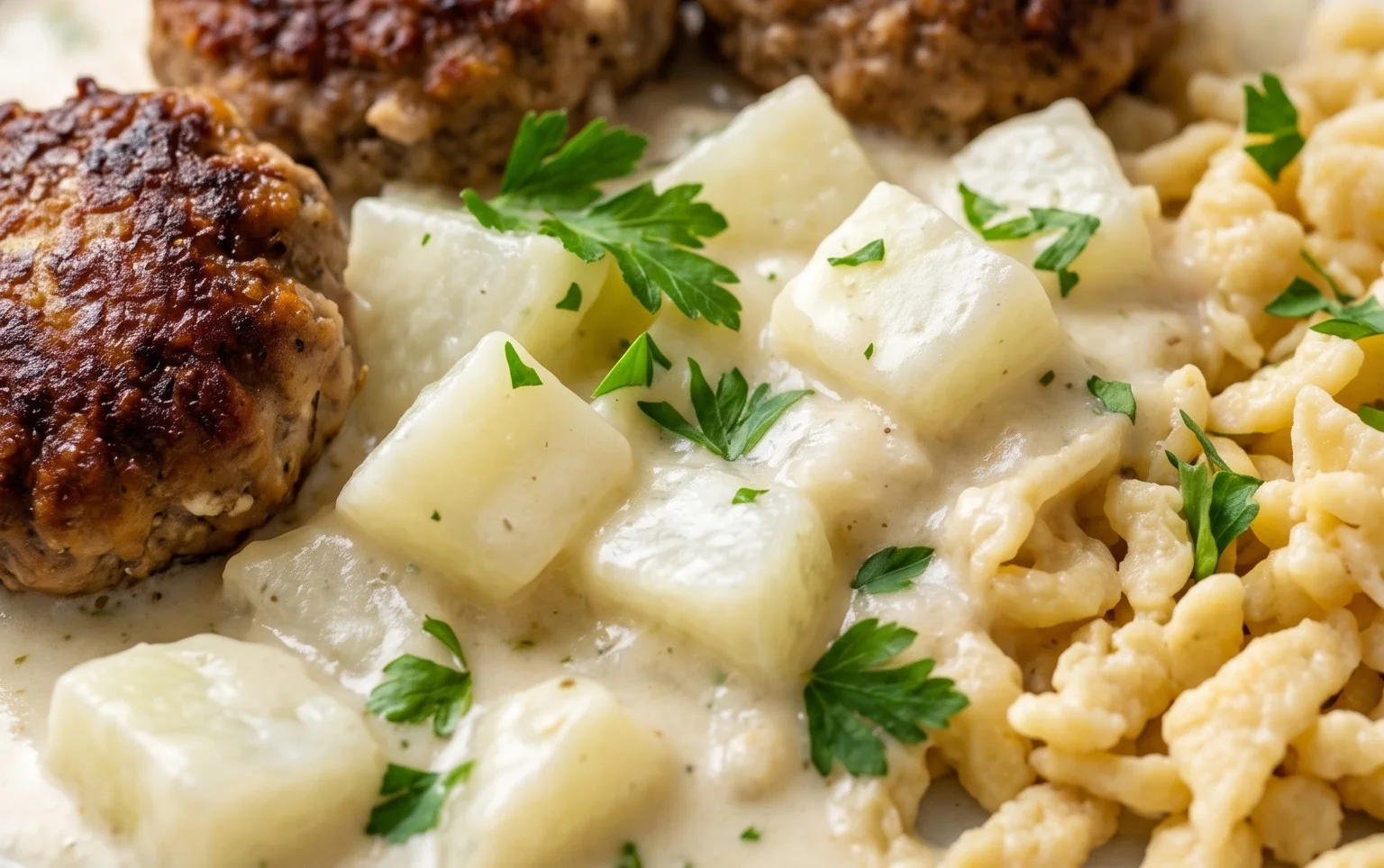 Kohlrabigemüse in heller Soße mit Frikadellen und Spätzle