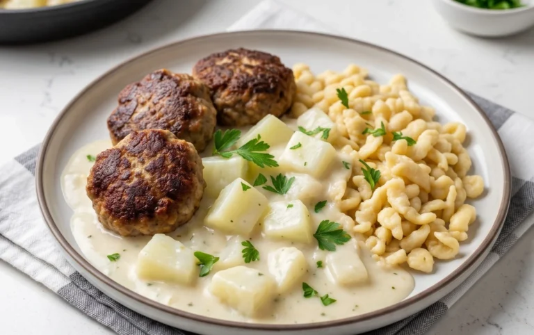 Kohlrabigemüse in heller Soße mit Frikadellen und Spätzle
