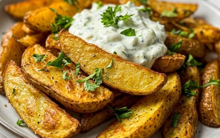 Kartoffelspalten mit Gurkendip