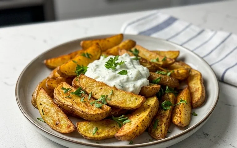 Kartoffelspalten mit Gurkendip