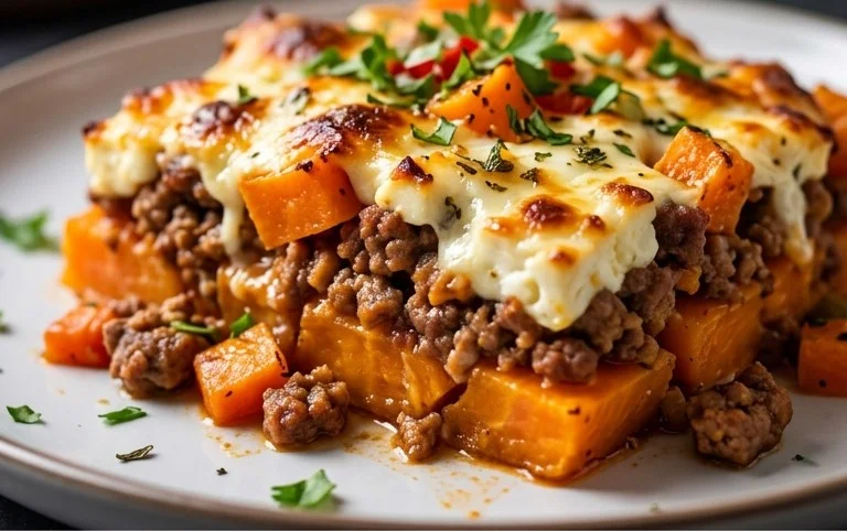 Süßkartoffel-Hackfleisch-Auflauf mit Feta