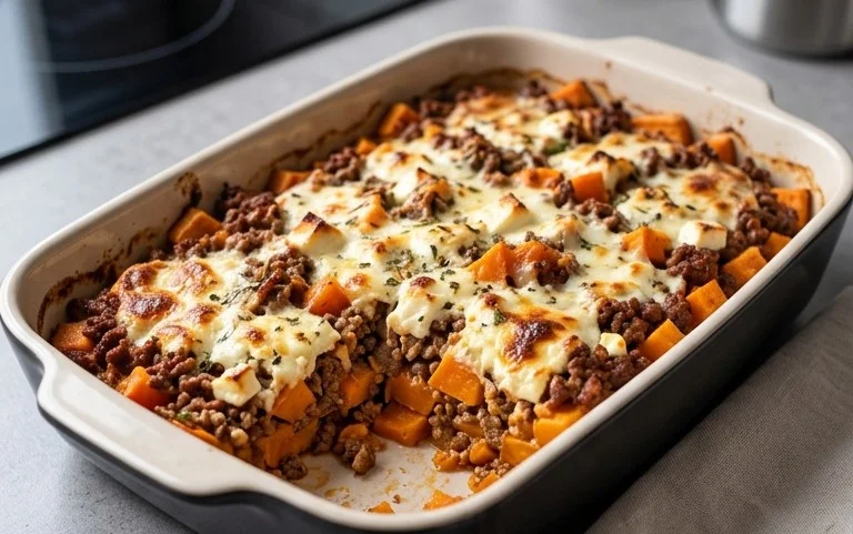 Süßkartoffel-Hackfleisch-Auflauf mit Feta