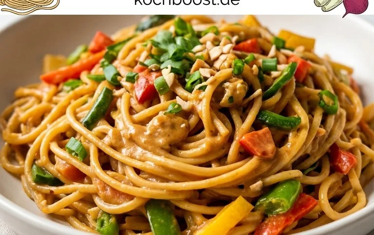 Mie Nudeln mit Erdnusssauce und Gemüse