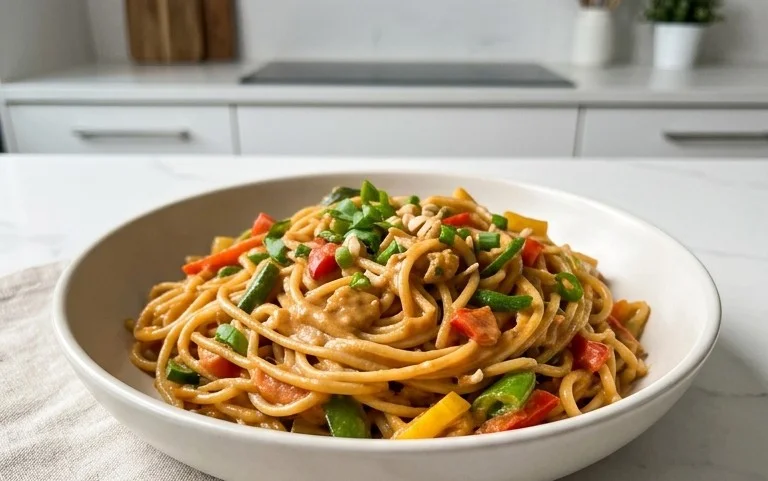 Mie Nudeln mit Erdnusssauce und Gemüse