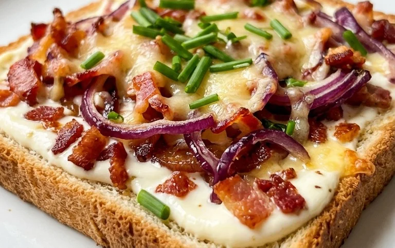Flammkuchen Toast mit Speck und Zwiebeln