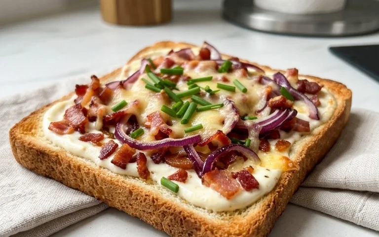 Flammkuchen Toast mit Speck und Zwiebeln