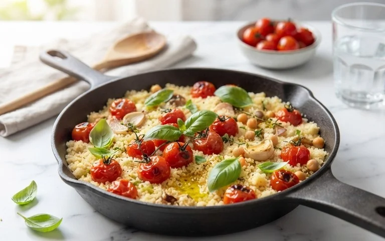 Healthy One-Pan Couscous With Garlic, Tomatoes And Basil