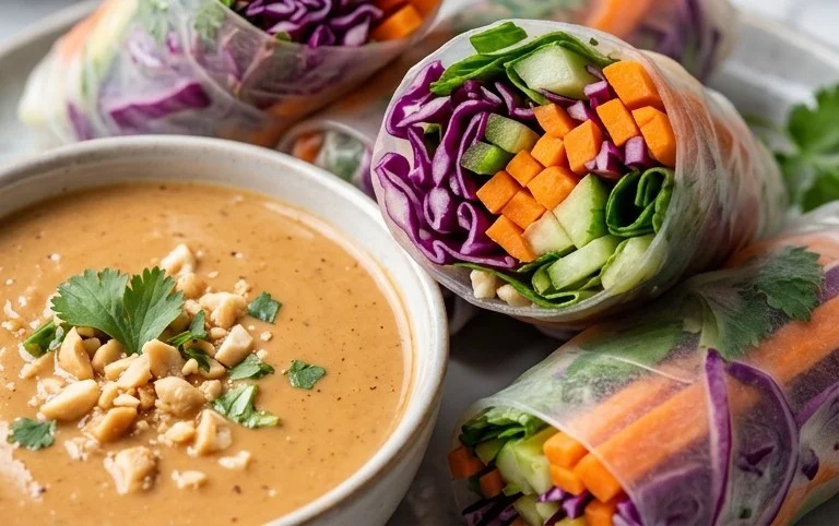 Rainbow Spring Rolls with Gin Extractger Peanut Sauce