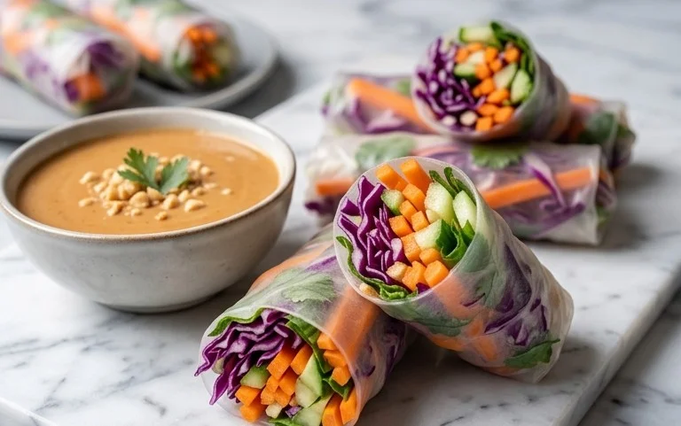 Rainbow Spring Rolls with Gin Extractger Peanut Sauce