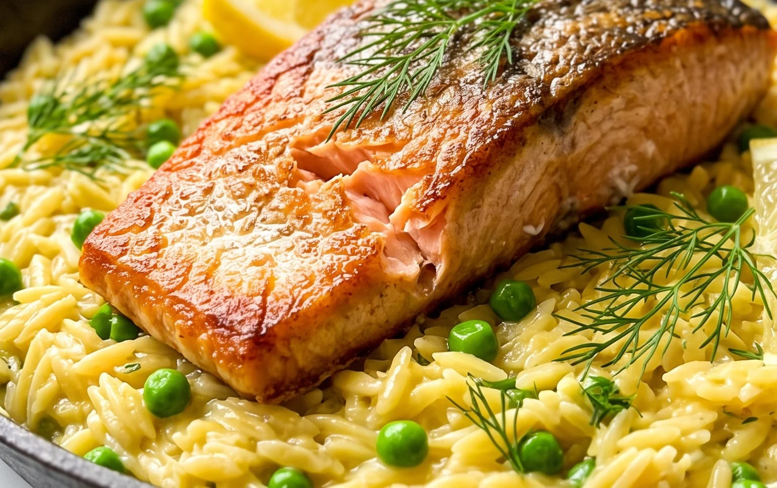 One Skillet Salmon with Lemon Orzo