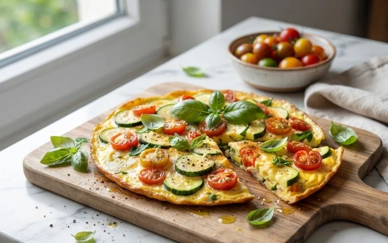 Zucchini-Omelett mit Tomaten und Basilikum