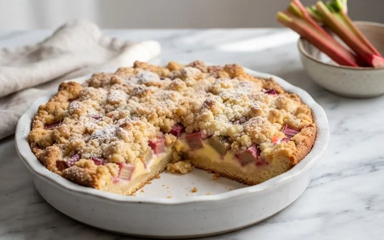 Rhabarberkuchen mit Pudding und Streuseln – wie von Oma