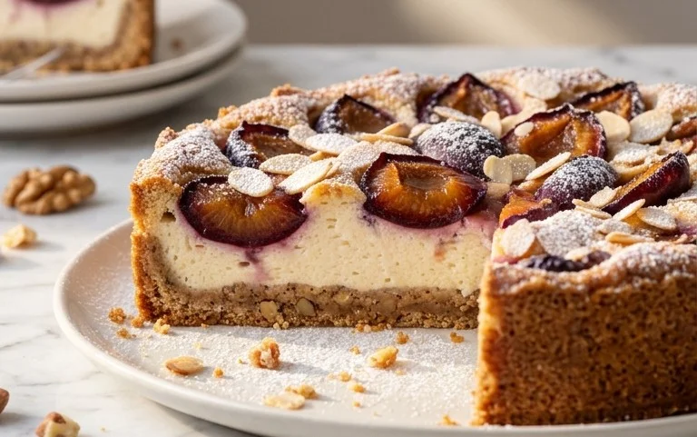 Zwetschgen-Topfenkuchen mit Nuss-Mürbteig