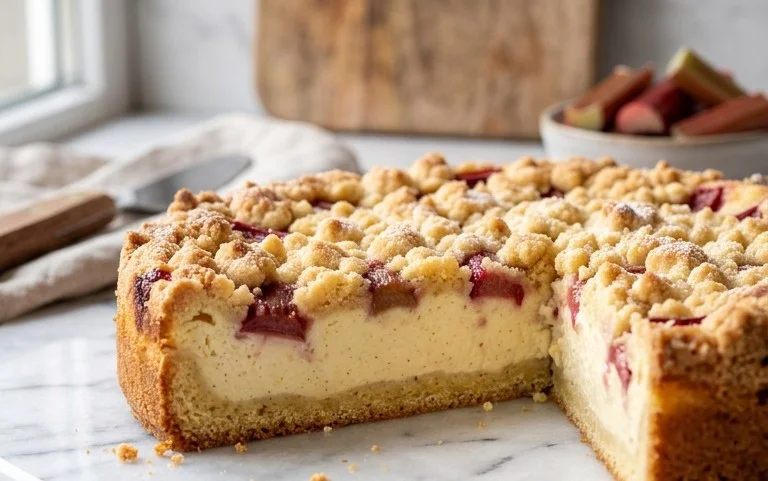 Rhabarber Quarkkuchen mit Butterstreuseln